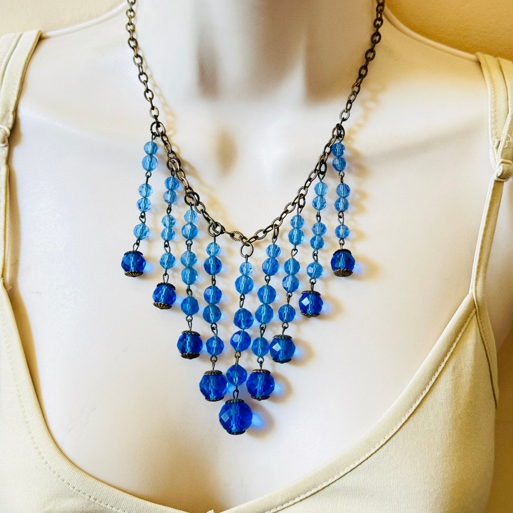 VTG Art Deco Czech Blue Glass Necklace Flapper Beaded Carved Faceted Fringe 16"